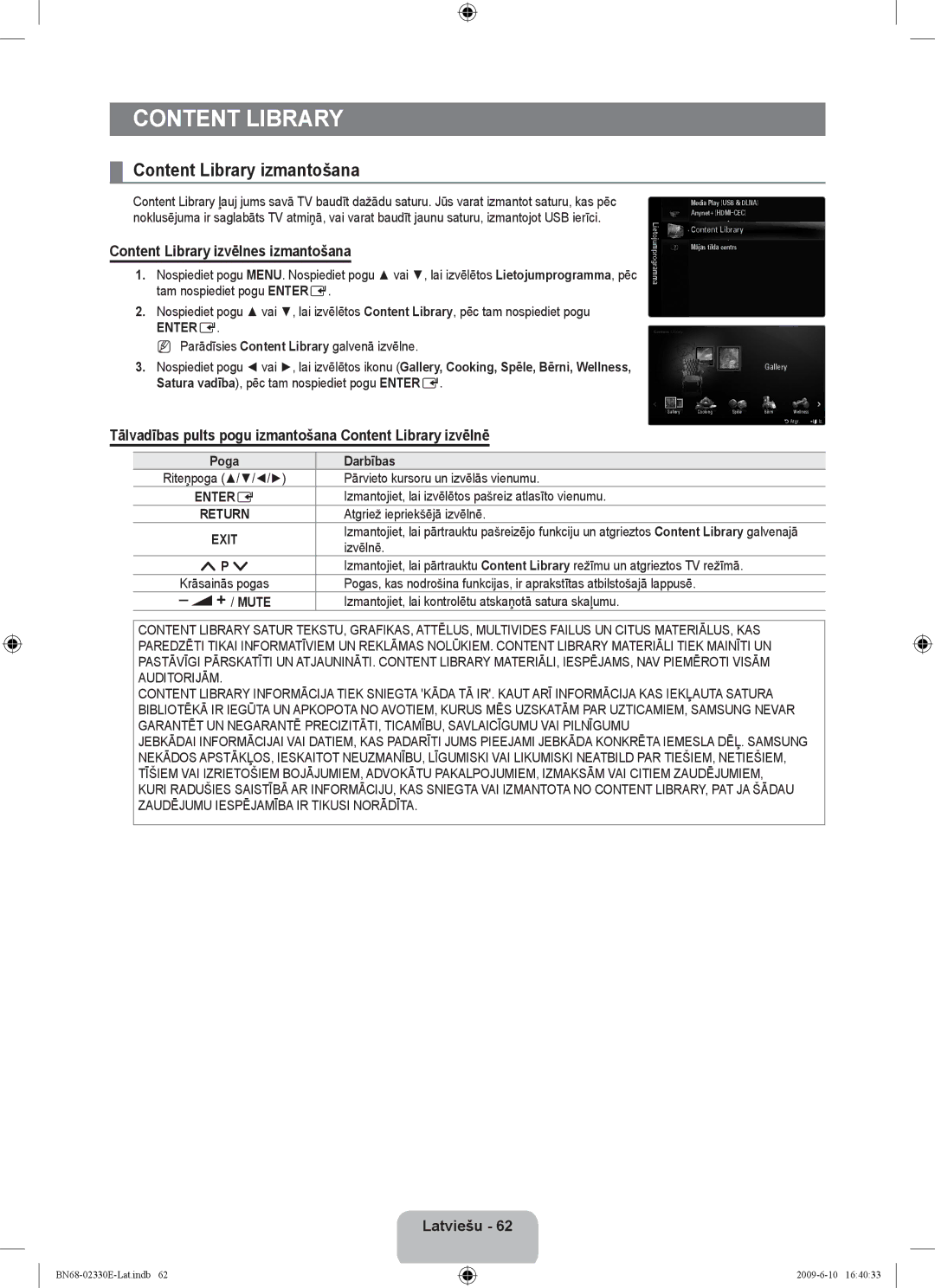 Samsung UE40B8000XWXBT manual Content Library izmantošana, Content Library izvēlnes izmantošana, Mute 