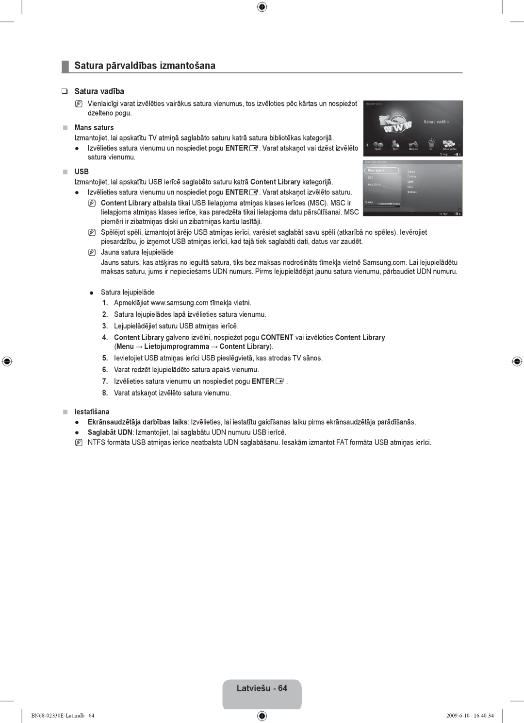 Samsung UE40B8000XWXBT manual Satura pārvaldības izmantošana, Satura vadība, Latviešu , Mans saturs, Iestatīšana 