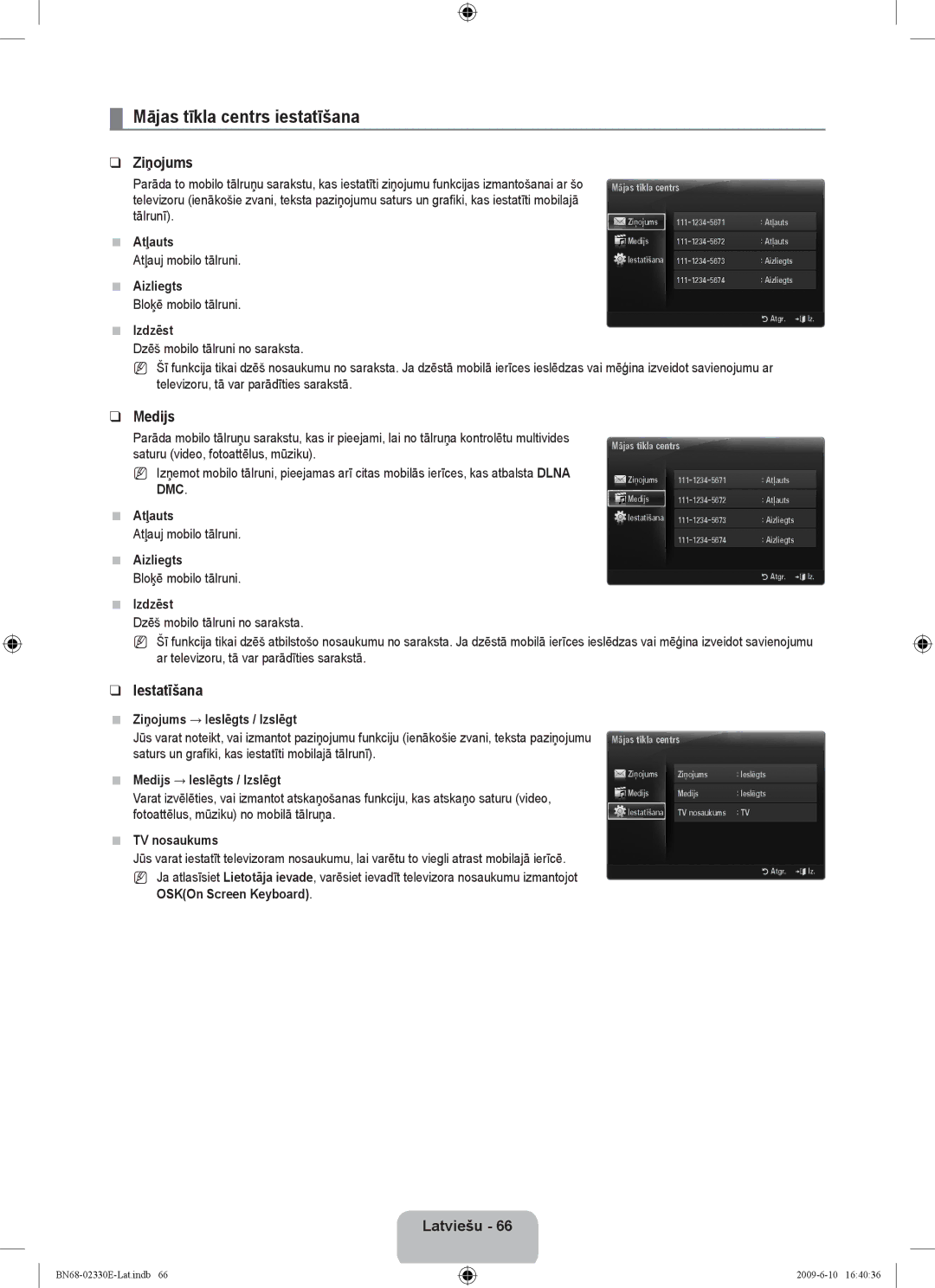 Samsung UE40B8000XWXBT manual Mājas tīkla centrs iestatīšana, Ziņojums, Medijs, Dmc 