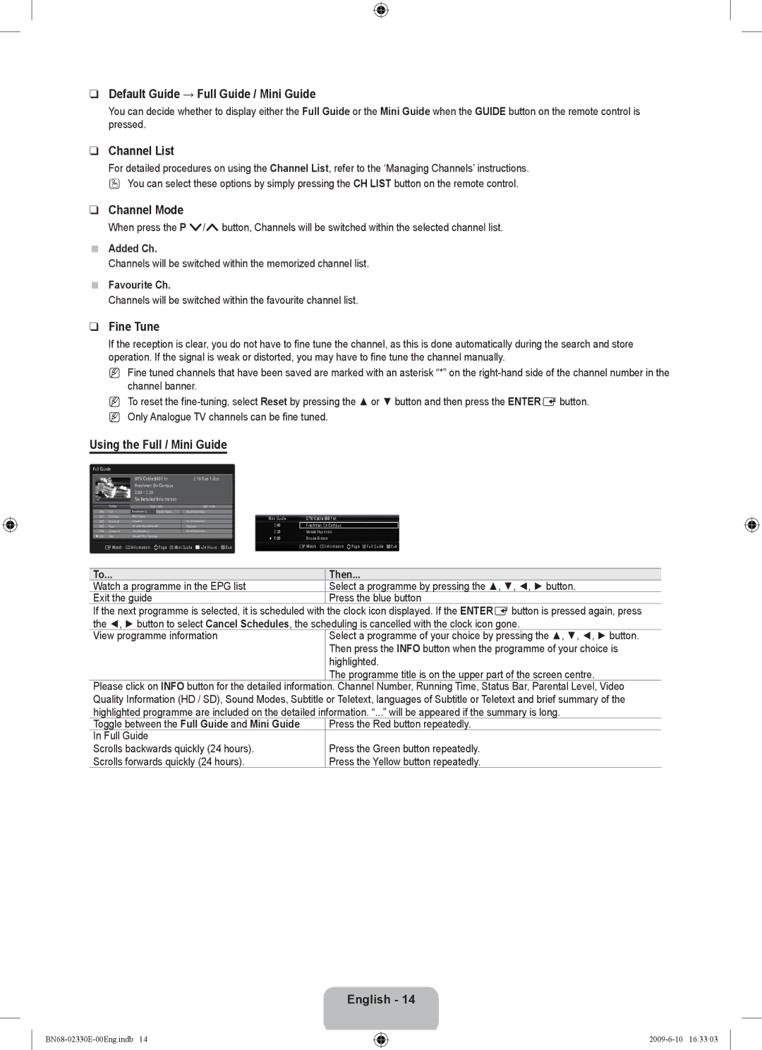 Samsung UE40B8000XWXBT manual Default Guide → Full Guide / Mini Guide, Channel List, Channel Mode, Fine Tune 