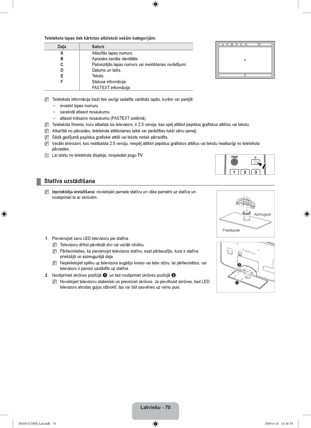 Samsung UE40B8000XWXBT manual Statīva uzstādīšana, Atlasītās lapas numurs 