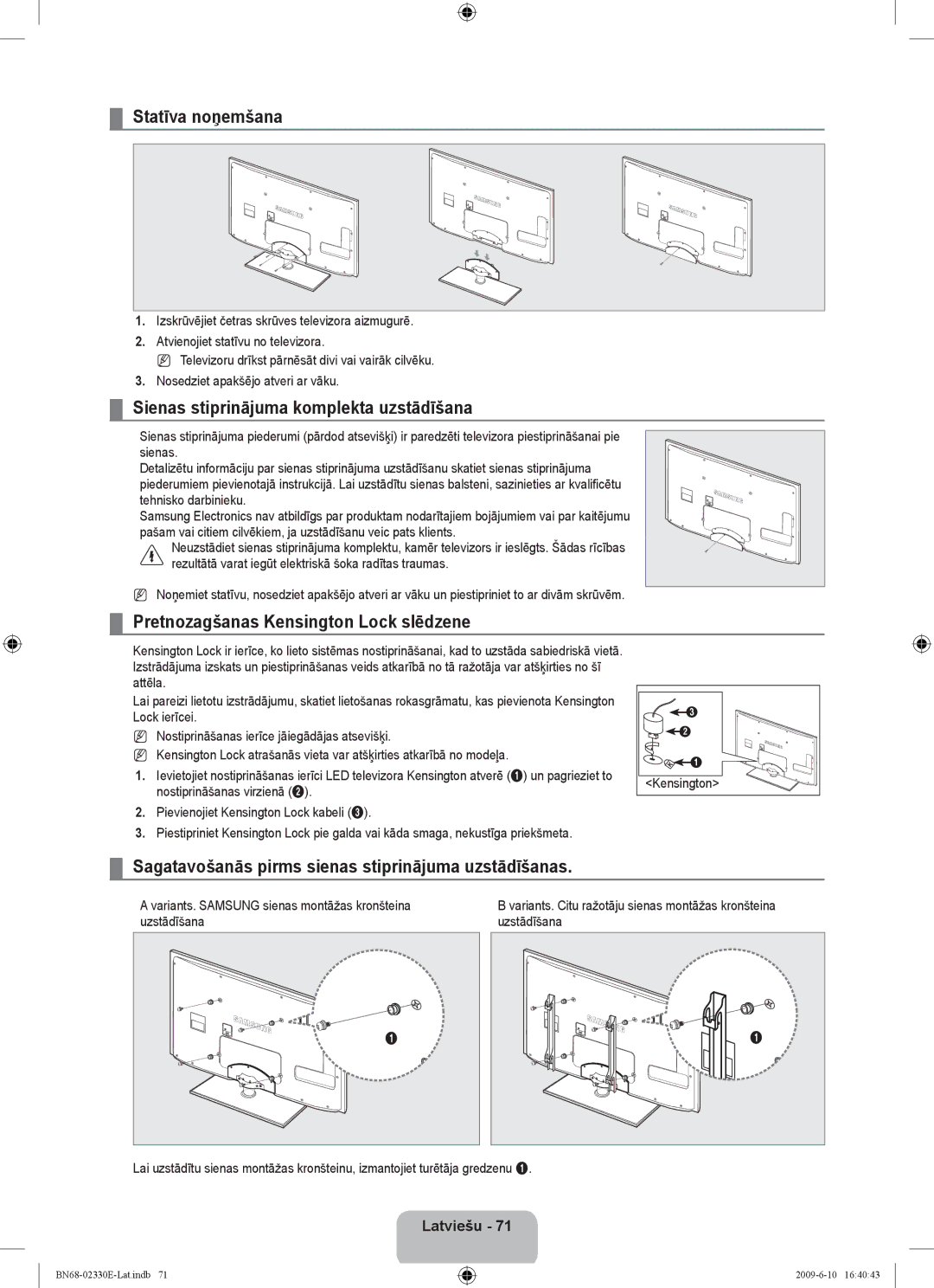 Samsung UE40B8000XWXBT manual Statīva noņemšana, Sienas stiprinājuma komplekta uzstādīšana 