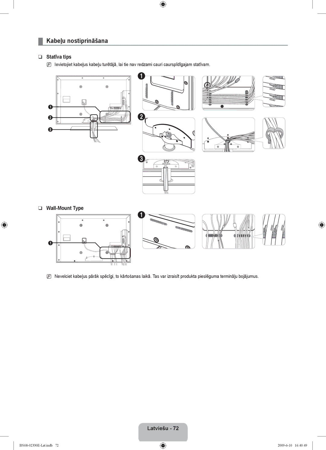 Samsung UE40B8000XWXBT manual Kabeļu nostiprināšana, Statīva tips 