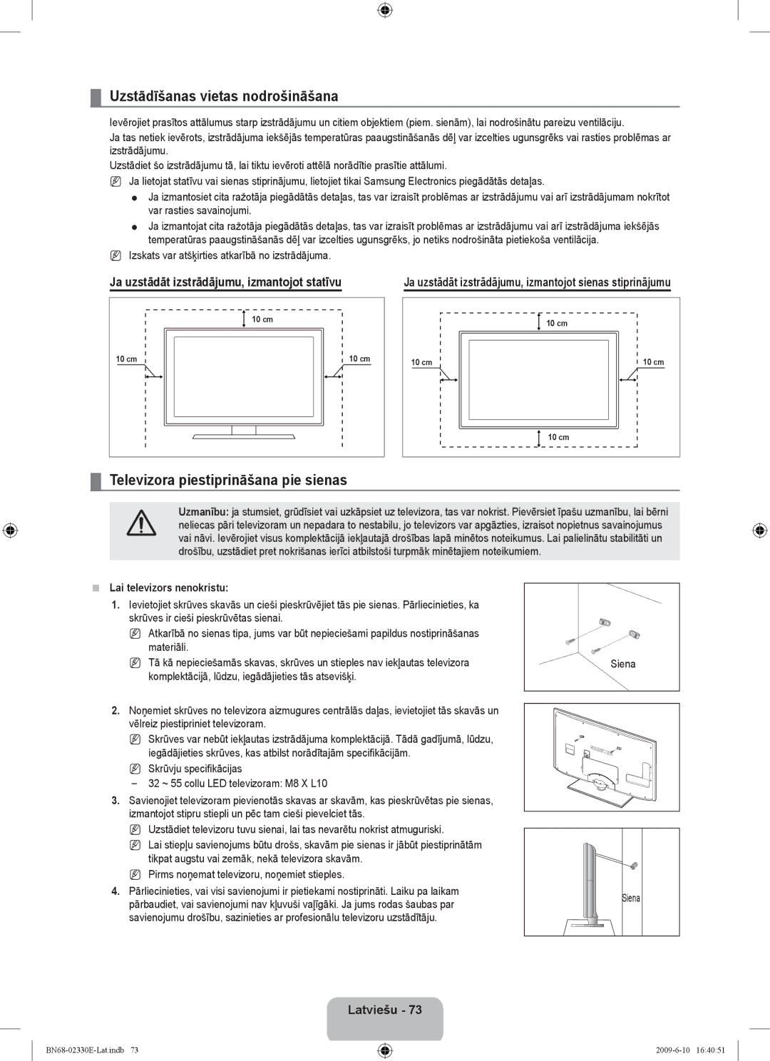 Samsung UE40B8000XWXBT Uzstādīšanas vietas nodrošināšana, Televizora piestiprināšana pie sienas, Lai televizors nenokristu 