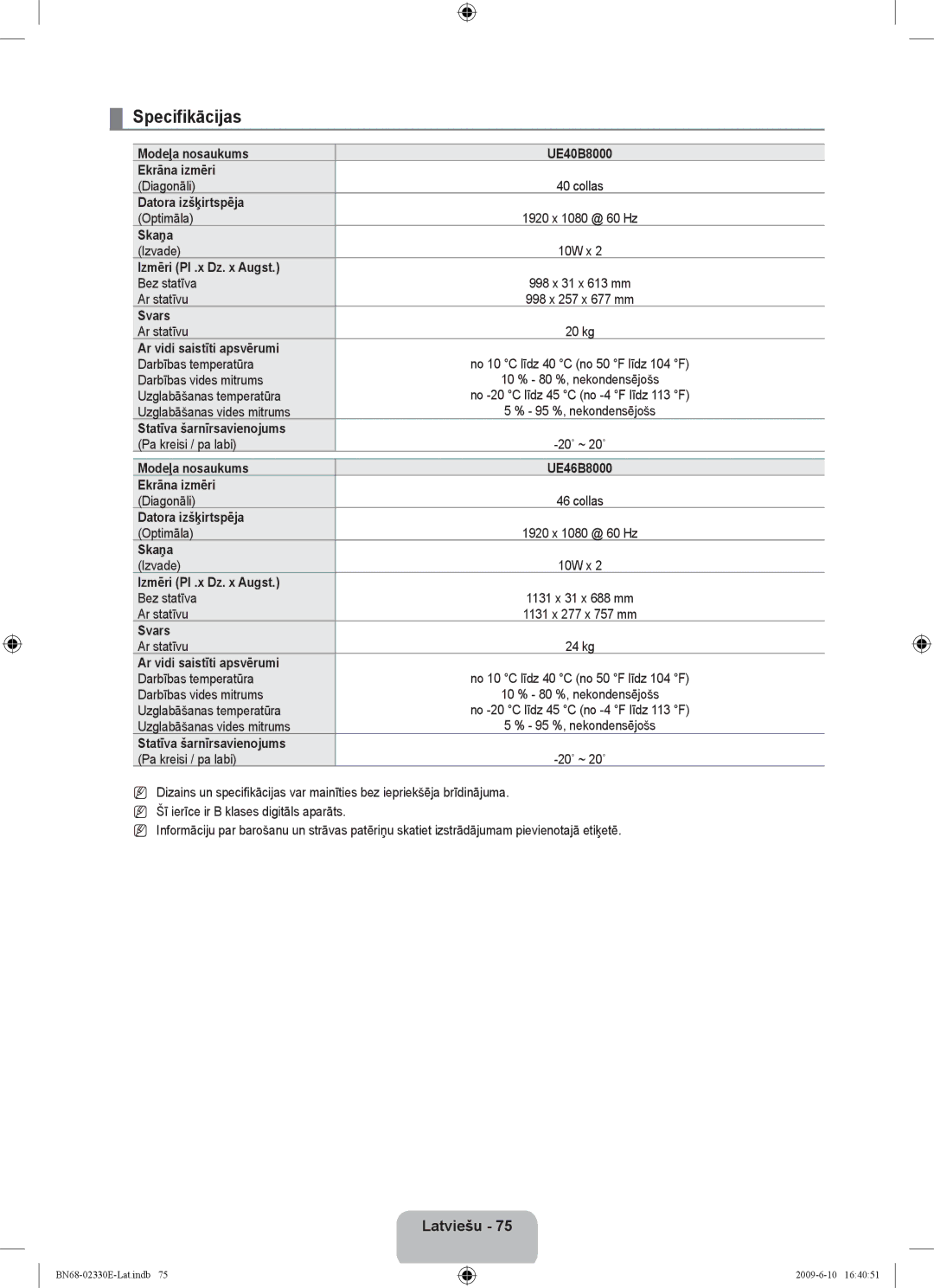 Samsung UE40B8000XWXBT manual Specifikācijas 