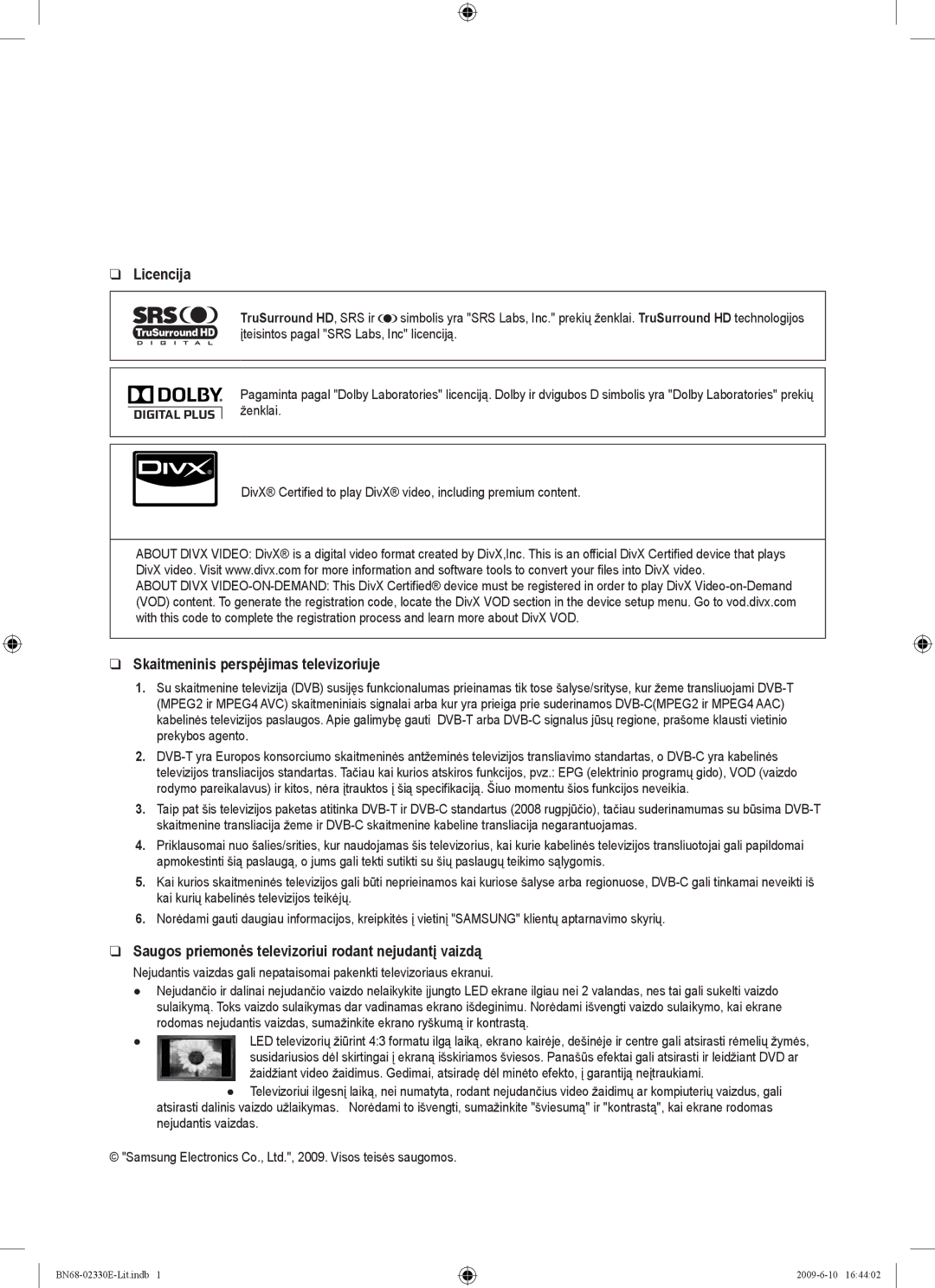 Samsung UE40B8000XWXBT manual Licencija, Skaitmeninis perspėjimas televizoriuje 