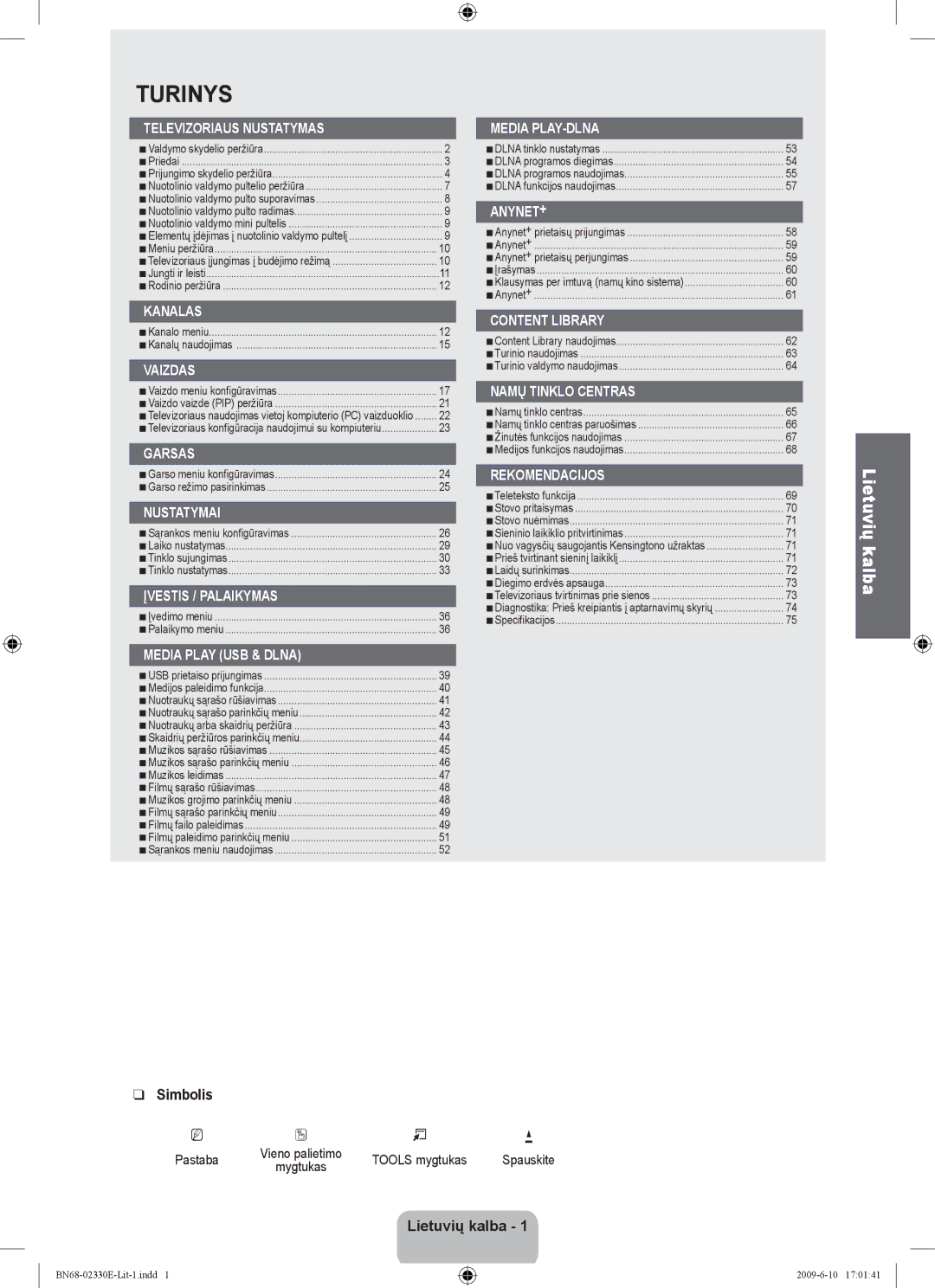 Samsung UE40B8000XWXBT manual Simbolis, Lietuvių kalba  