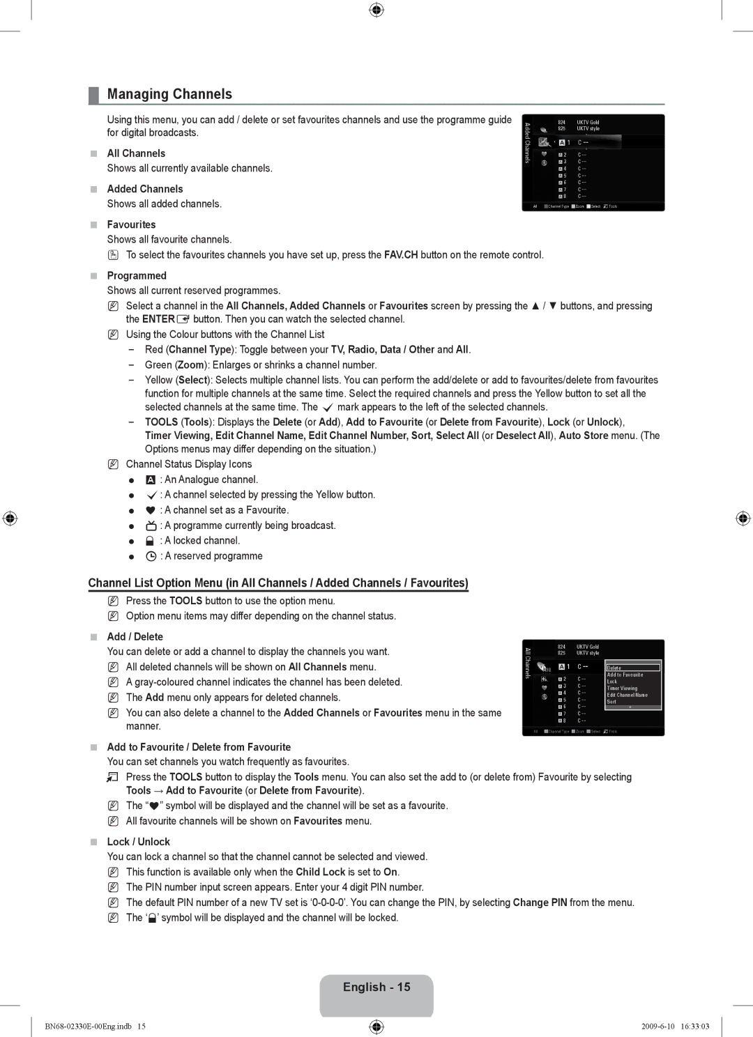 Samsung UE40B8000XWXBT manual Managing Channels 