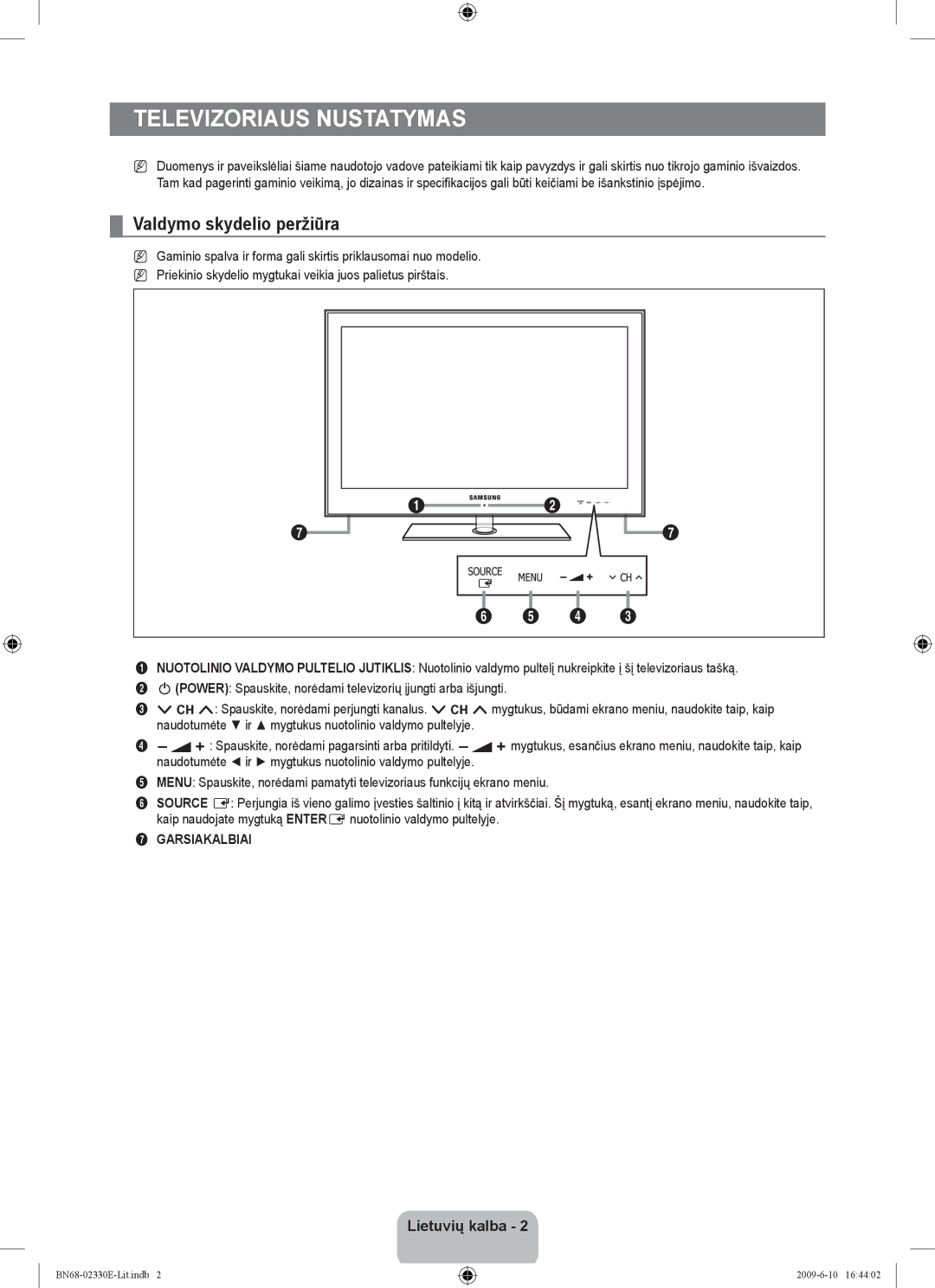 Samsung UE40B8000XWXBT manual Televizoriaus nustatymas, Valdymo skydelio peržiūra, Garsiakalbiai 