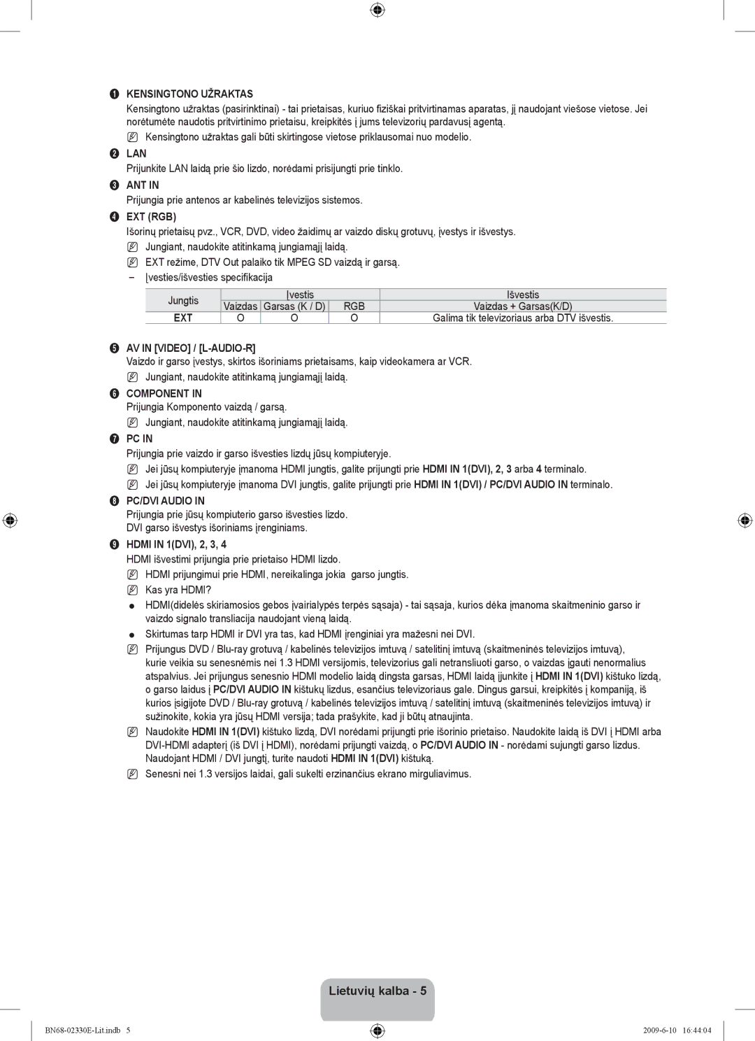 Samsung UE40B8000XWXBT manual Kensingtono Užraktas, Prijungia prie antenos ar kabelinės televizijos sistemos, Įvestis 