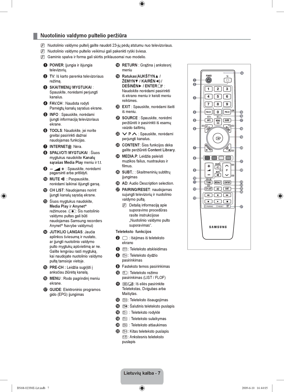 Samsung UE40B8000XWXBT Nuotolinio valdymo pultelio peržiūra, Skaitmenų Mygtukai Spauskite, norėdami perjungti kanalus 