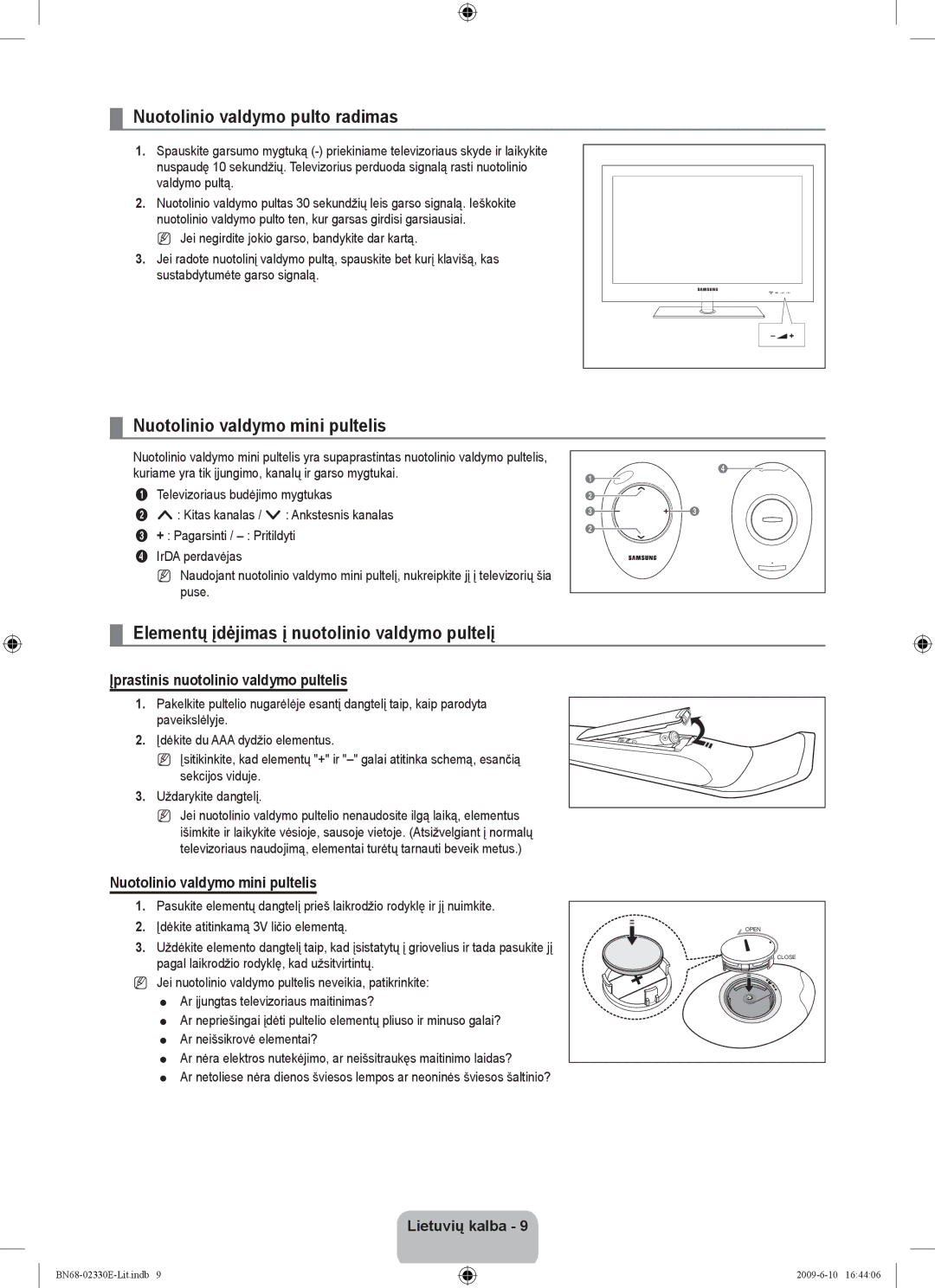 Samsung UE40B8000XWXBT manual Nuotolinio valdymo pulto radimas, Nuotolinio valdymo mini pultelis 