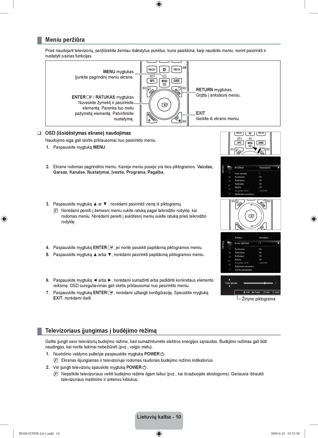 Samsung UE40B8000XWXBT manual Meniu peržiūra, Televizoriaus įjungimas į budėjimo režimą, OSD išsidėstymas ekrane naudojimas 