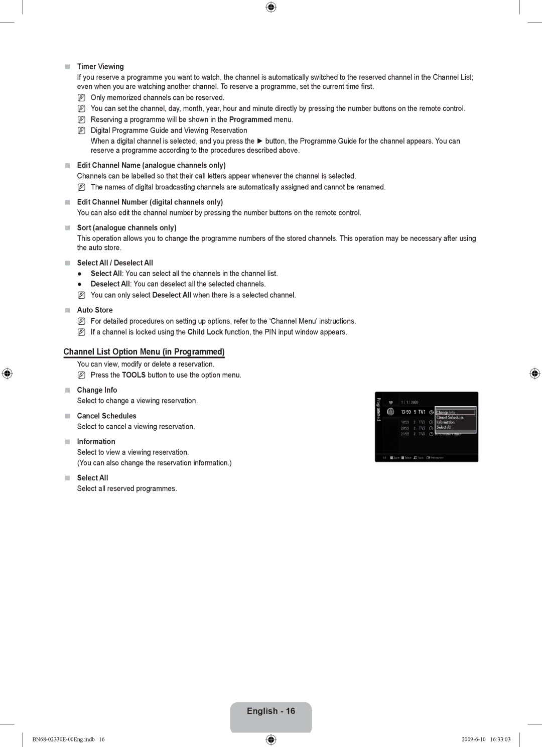 Samsung UE40B8000XWXBT manual Channel List Option Menu in Programmed 