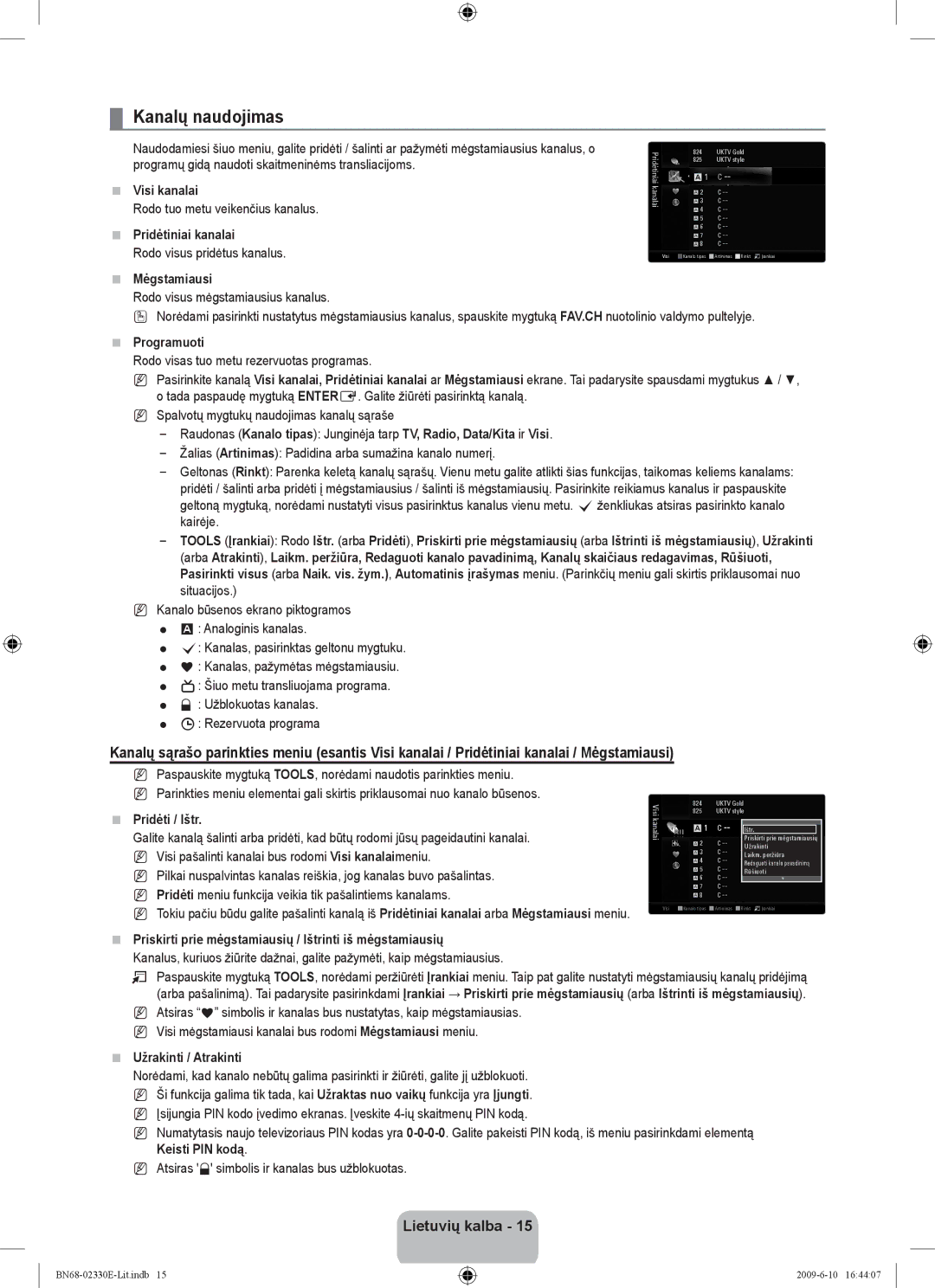 Samsung UE40B8000XWXBT manual Kanalų naudojimas 