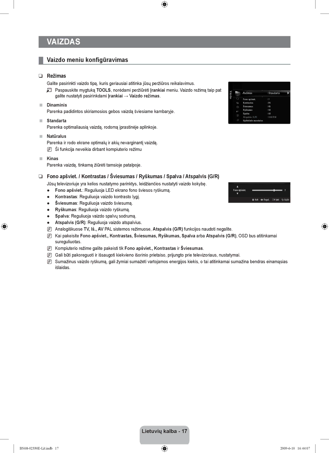 Samsung UE40B8000XWXBT manual Vaizdas, Vaizdo meniu konfigūravimas, Režimas 