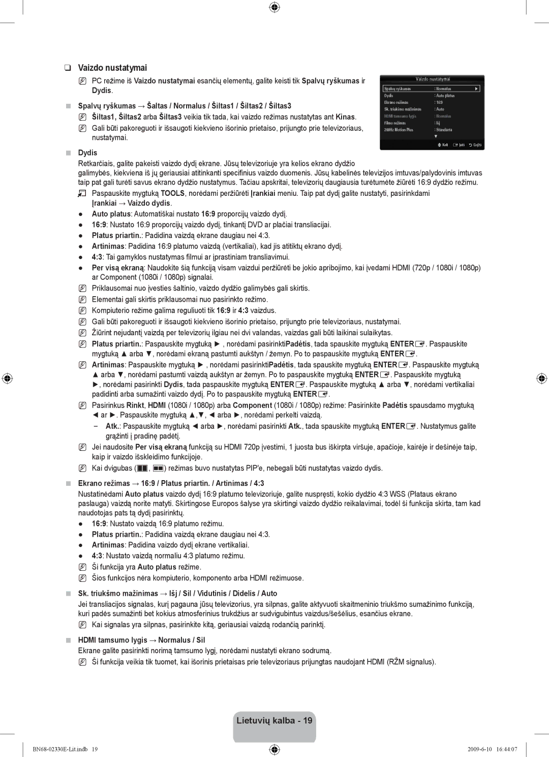 Samsung UE40B8000XWXBT manual Vaizdo nustatymai, Dydis, Ekrano režimas → 169 / Platus priartin. / Artinimas 