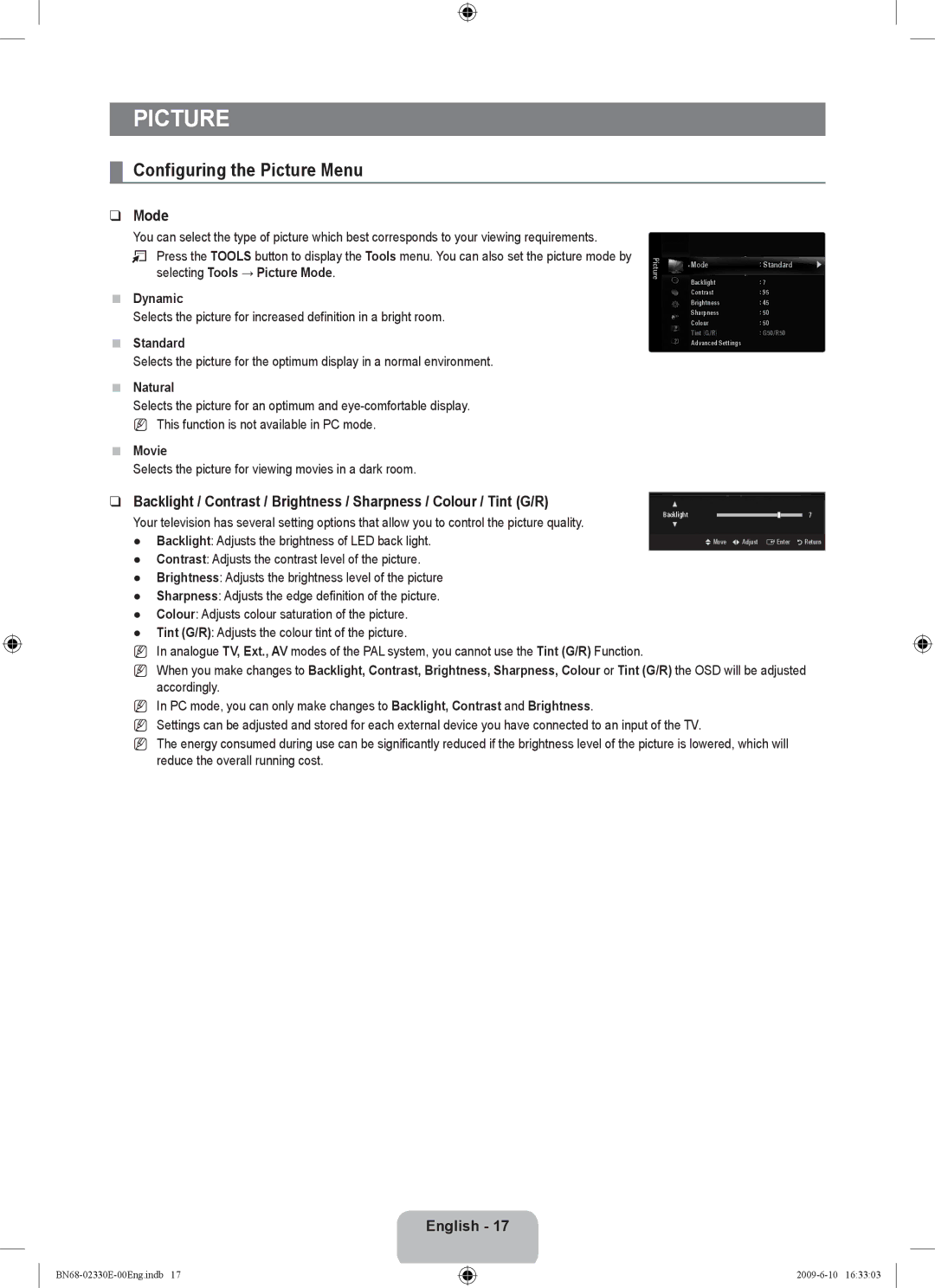 Samsung UE40B8000XWXBT manual Configuring the Picture Menu, Mode 