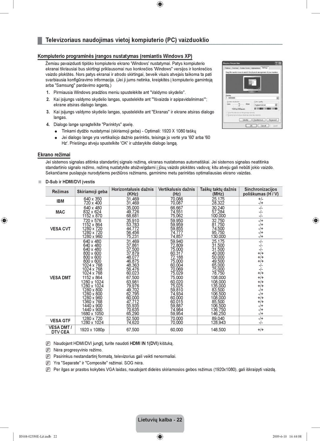 Samsung UE40B8000XWXBT Televizoriaus naudojimas vietoj kompiuterio PC vaizduoklio, Ekrano režimai, Sub ir HDMI/DVI įvestis 