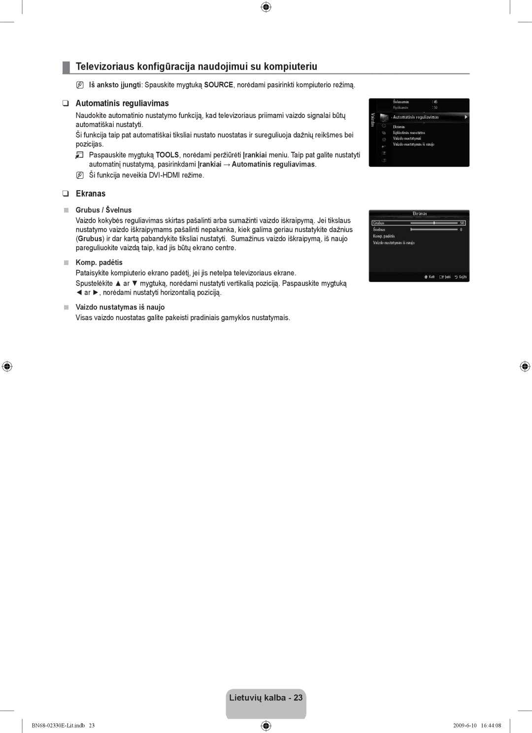 Samsung UE40B8000XWXBT manual Televizoriaus konfigūracija naudojimui su kompiuteriu, Automatinis reguliavimas, Ekranas 