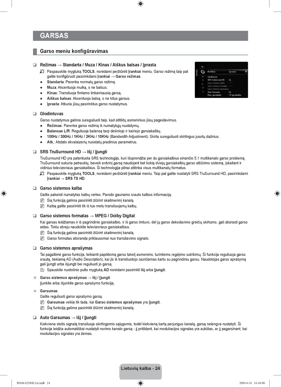 Samsung UE40B8000XWXBT manual Garsas, Garso meniu konfigūravimas 