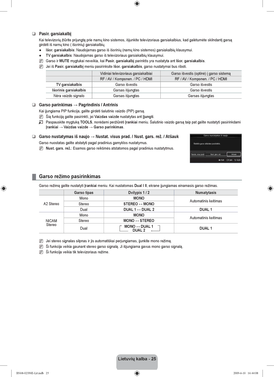 Samsung UE40B8000XWXBT manual Garso režimo pasirinkimas, Pasir. garsiakalbį, Garso parinkimas → Pagrindinis / Antrinis 