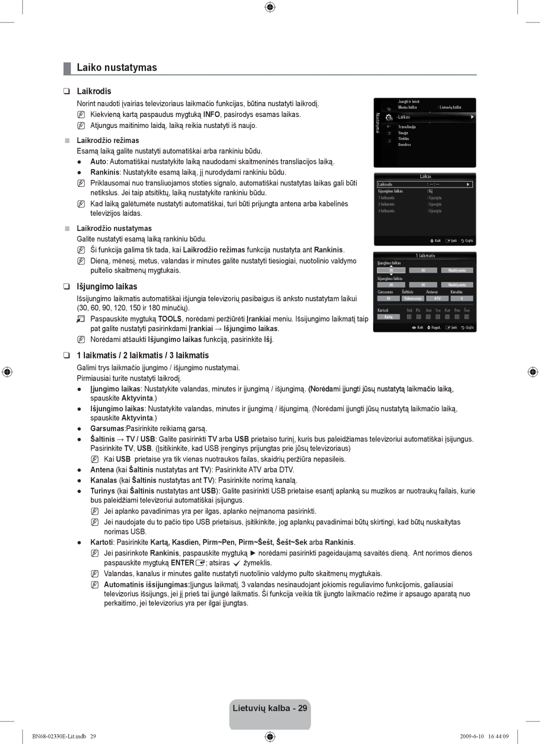 Samsung UE40B8000XWXBT manual Laiko nustatymas, Laikrodis, Išjungimo laikas, Laikmatis / 2 laikmatis / 3 laikmatis 