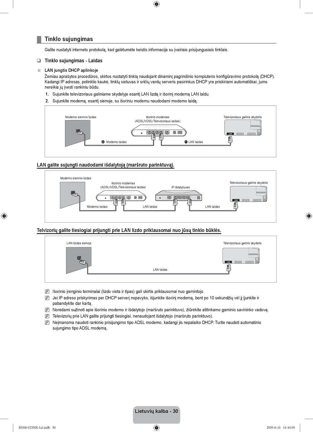 Samsung UE40B8000XWXBT manual Tinklo sujungimas Laidas, LAN jungtis Dhcp aplinkoje 