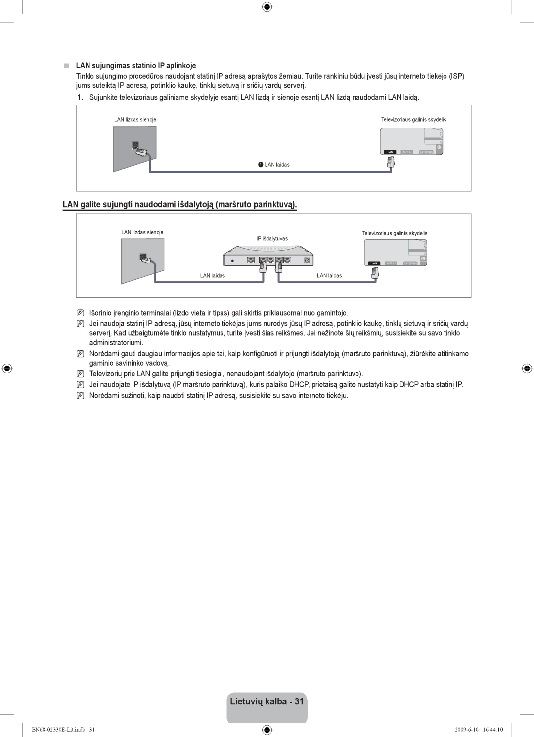 Samsung UE40B8000XWXBT manual LAN sujungimas statinio IP aplinkoje 