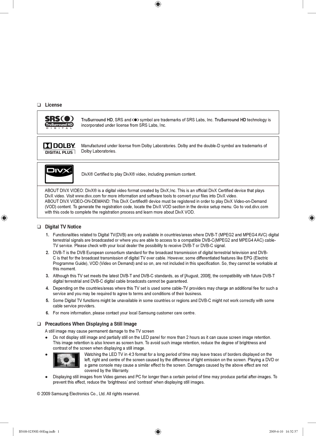 Samsung UE40B8000XWXBT manual License, Digital TV Notice, Precautions When Displaying a Still Image 