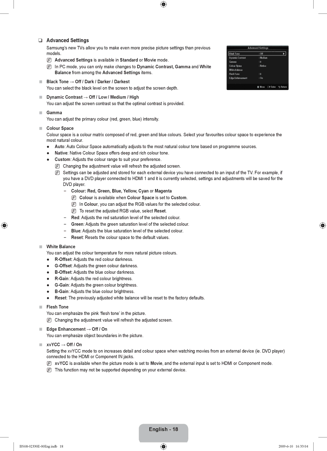 Samsung UE40B8000XWXBT manual Advanced Settings 