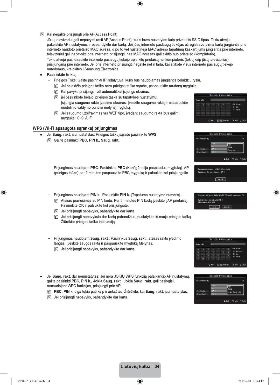 Samsung UE40B8000XWXBT manual WPS Wi-Fi apsaugota sąranka prijungimas, Kai negalite prisijungti prie APAccess Point 