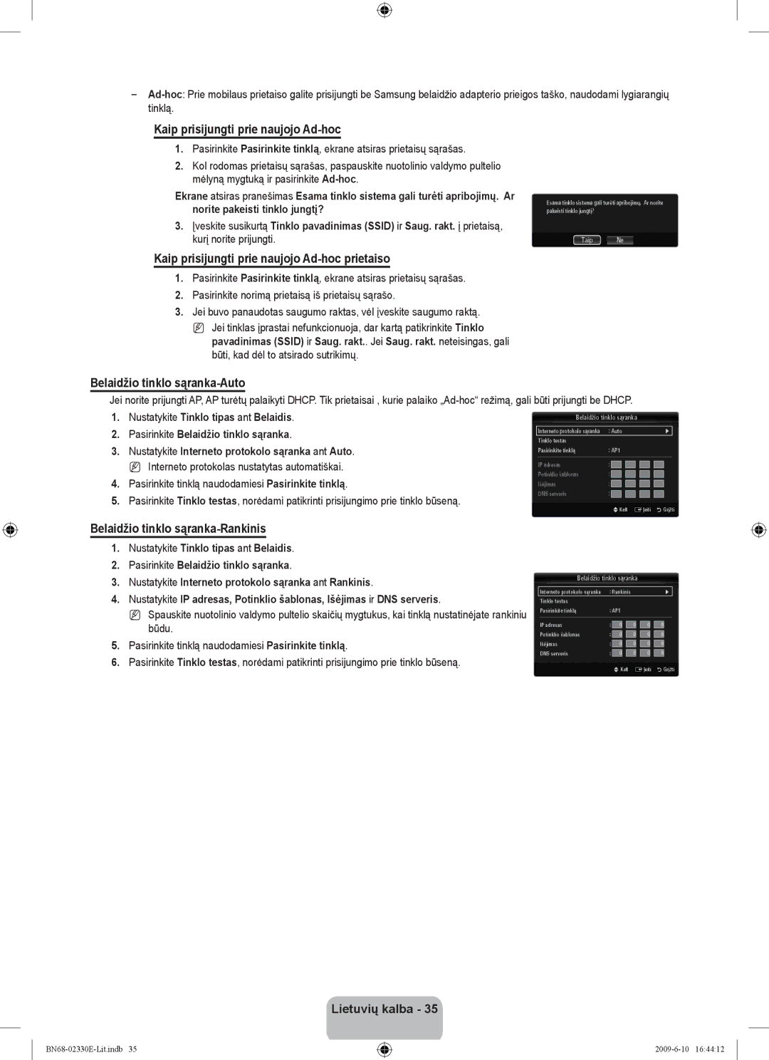 Samsung UE40B8000XWXBT manual Kaip prisijungti prie naujojo Ad-hoc prietaiso, Belaidžio tinklo sąranka-Auto, Taip Ne 