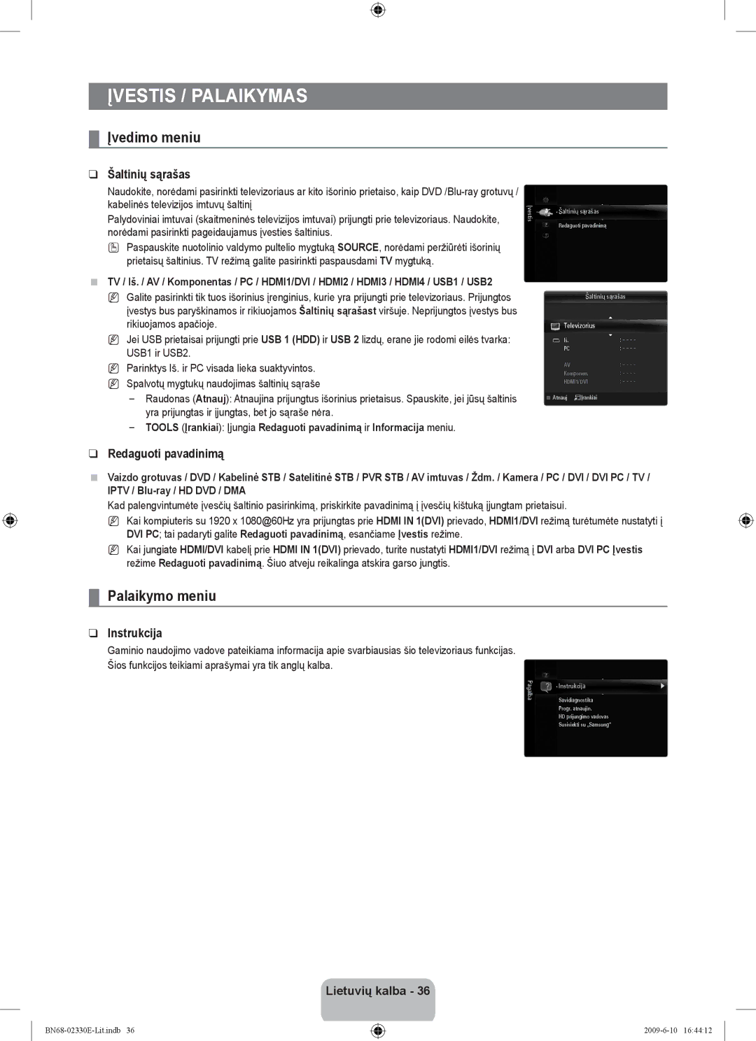 Samsung UE40B8000XWXBT manual Įvedimo meniu, Palaikymo meniu, Šaltinių sąrašas, Redaguoti pavadinimą, Instrukcija 