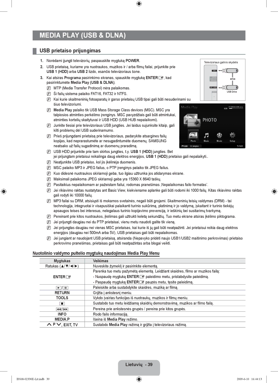 Samsung UE40B8000XWXBT manual USB prietaiso prijungimas, Lietuvių 