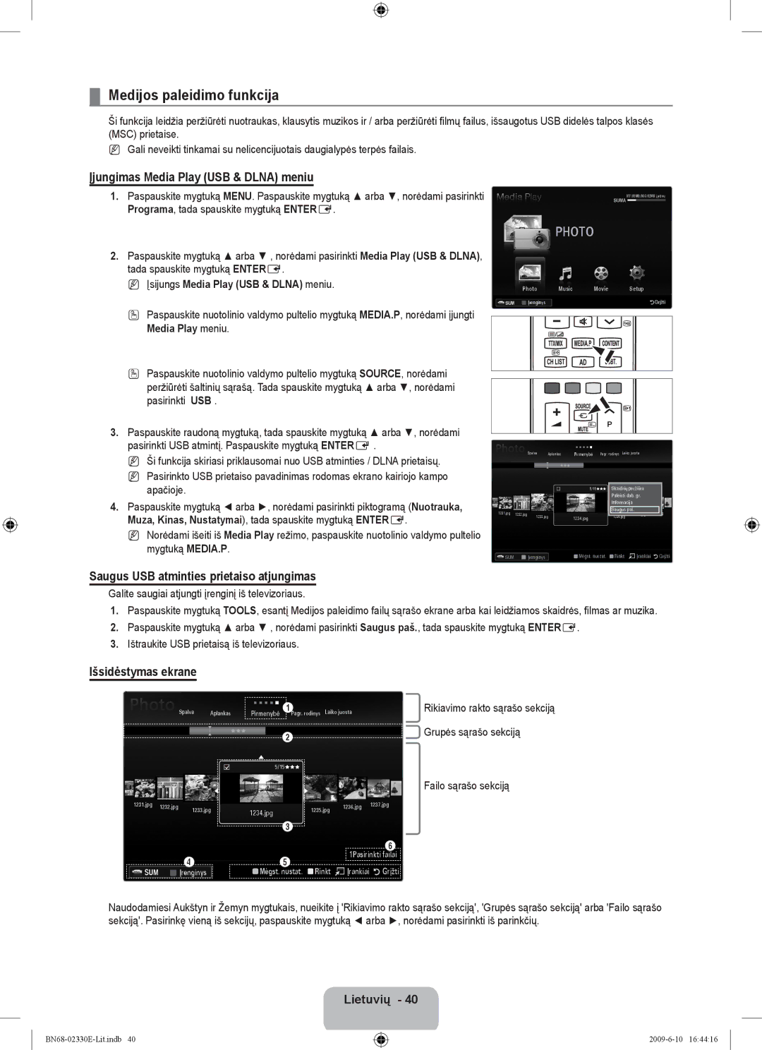 Samsung UE40B8000XWXBT manual Medijos paleidimo funkcija, Įjungimas Media Play USB & Dlna meniu, Išsidėstymas ekrane 