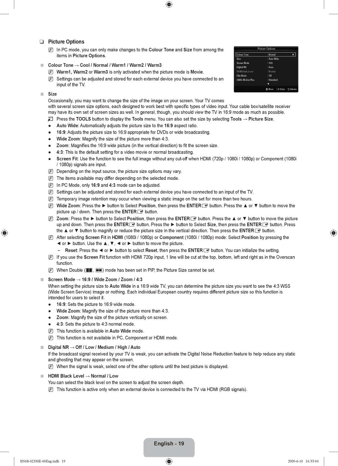 Samsung UE40B8000XWXBT manual Picture Options 