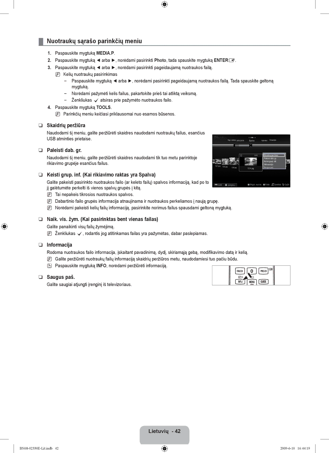 Samsung UE40B8000XWXBT manual Nuotraukų sąrašo parinkčių meniu 