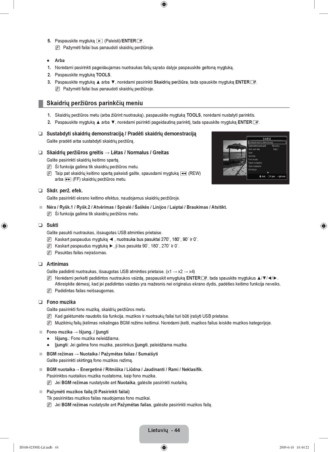 Samsung UE40B8000XWXBT manual Skaidrių peržiūros parinkčių meniu 