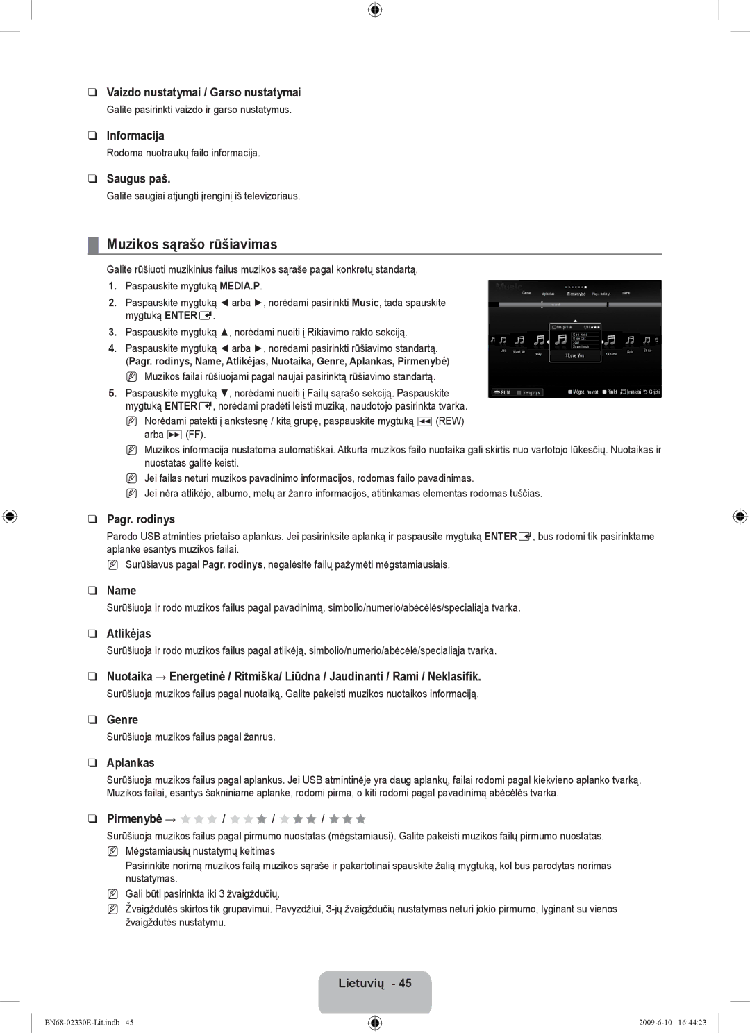 Samsung UE40B8000XWXBT manual Muzikos sąrašo rūšiavimas, Vaizdo nustatymai / Garso nustatymai, Atlikėjas 