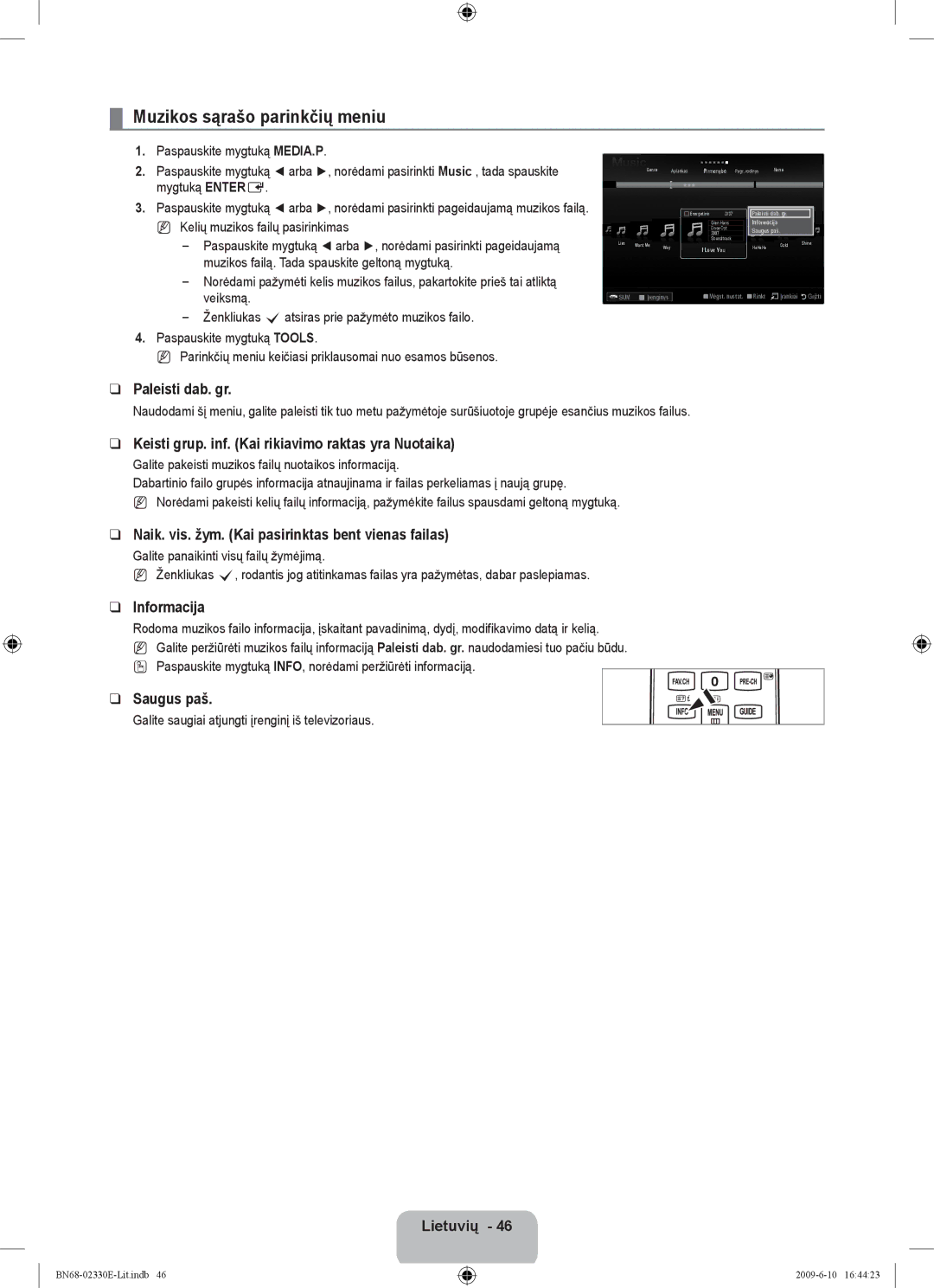 Samsung UE40B8000XWXBT manual Muzikos sąrašo parinkčių meniu, Keisti grup. inf. Kai rikiavimo raktas yra Nuotaika 