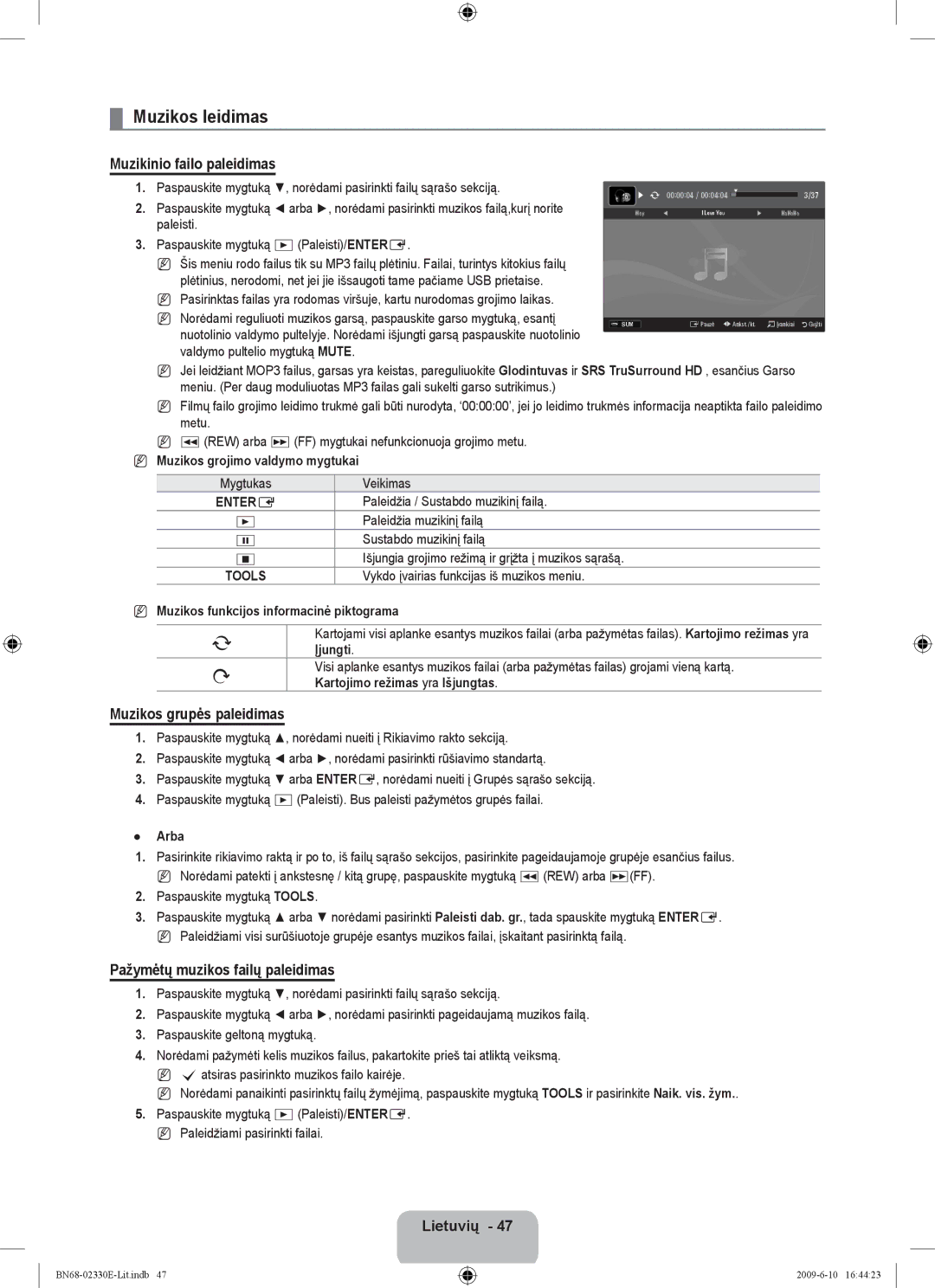 Samsung UE40B8000XWXBT manual Muzikos leidimas, Muzikinio failo paleidimas, Muzikos grupės paleidimas 