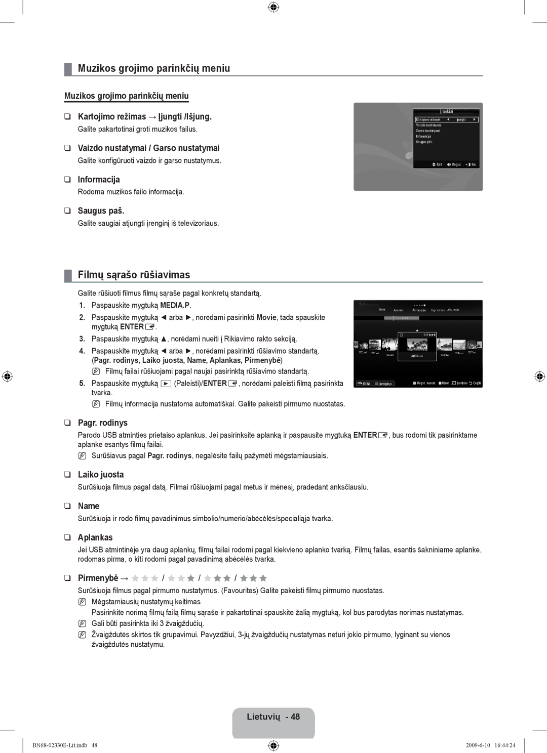 Samsung UE40B8000XWXBT manual Muzikos grojimo parinkčių meniu, Filmų sąrašo rūšiavimas 