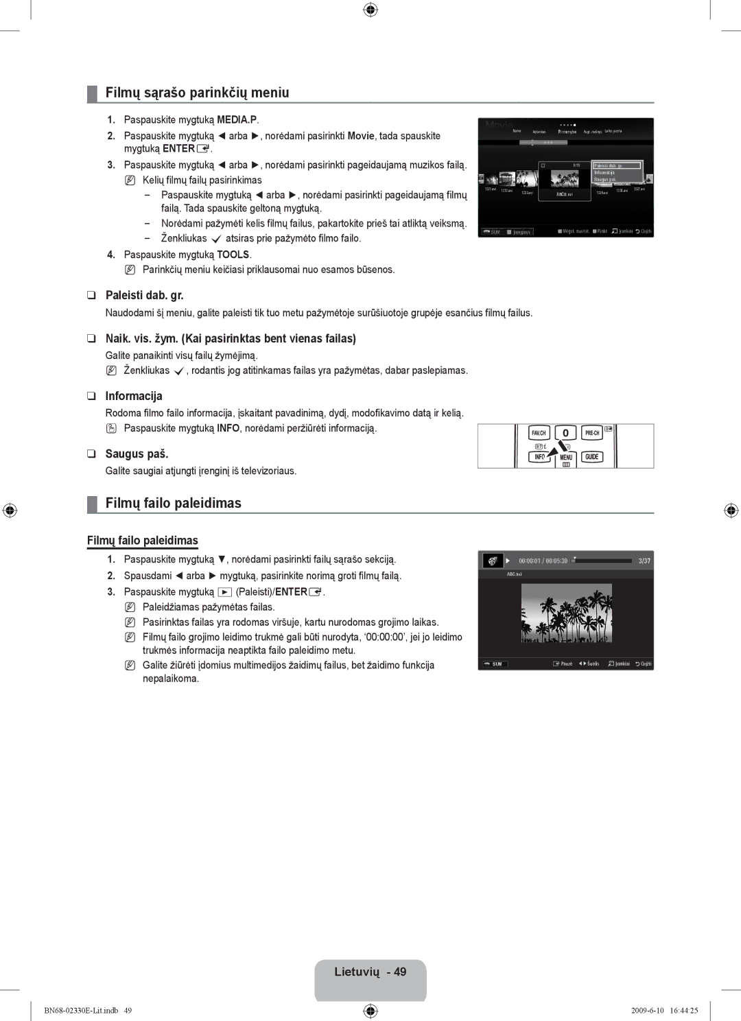 Samsung UE40B8000XWXBT manual Filmų sąrašo parinkčių meniu, Filmų failo paleidimas 