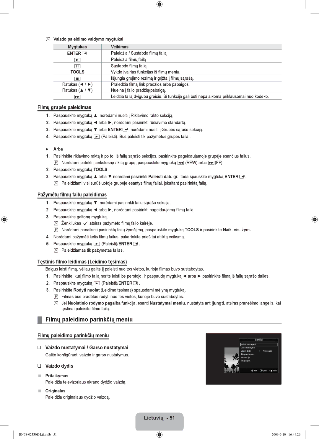 Samsung UE40B8000XWXBT manual Filmų paleidimo parinkčių meniu, Filmų grupės paleidimas, Pažymėtų filmų failų paleidimas 