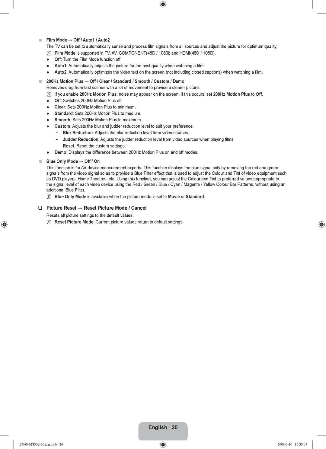 Samsung UE40B8000XWXBT manual Picture Reset → Reset Picture Mode / Cancel, Film Mode → Off / Auto1 / Auto2 