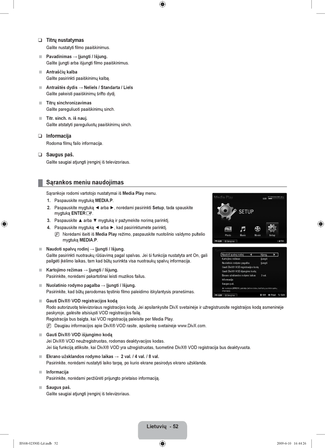 Samsung UE40B8000XWXBT manual Sąrankos meniu naudojimas, Titrų nustatymas 