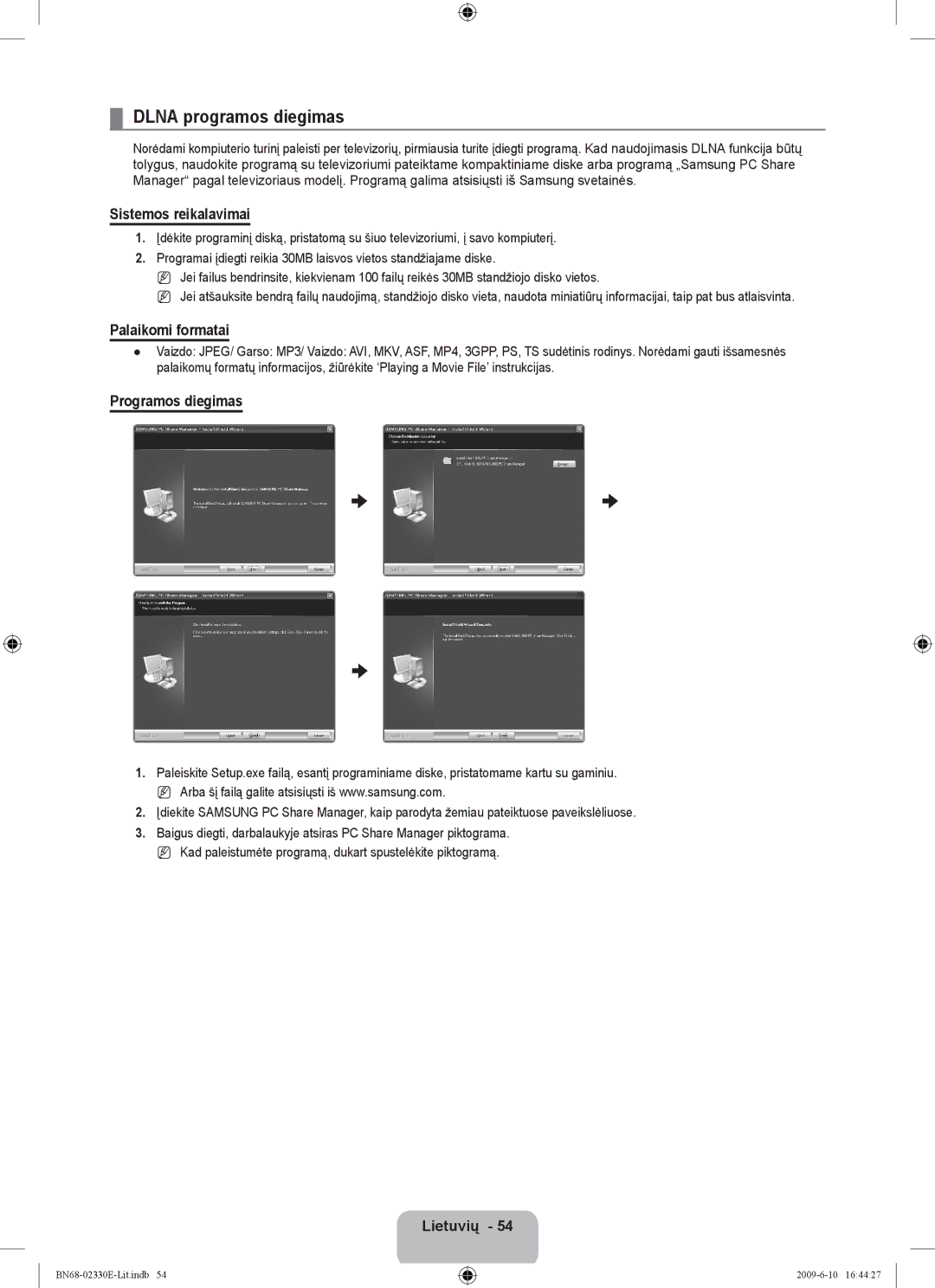 Samsung UE40B8000XWXBT manual Dlna programos diegimas, Sistemos reikalavimai, Palaikomi formatai, Programos diegimas 