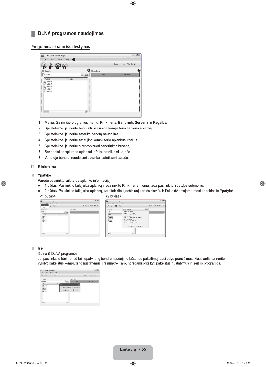 Samsung UE40B8000XWXBT manual Dlna programos naudojimas, Programos ekrano išsidėstymas, Rinkmena, Ypatybė, Išei 