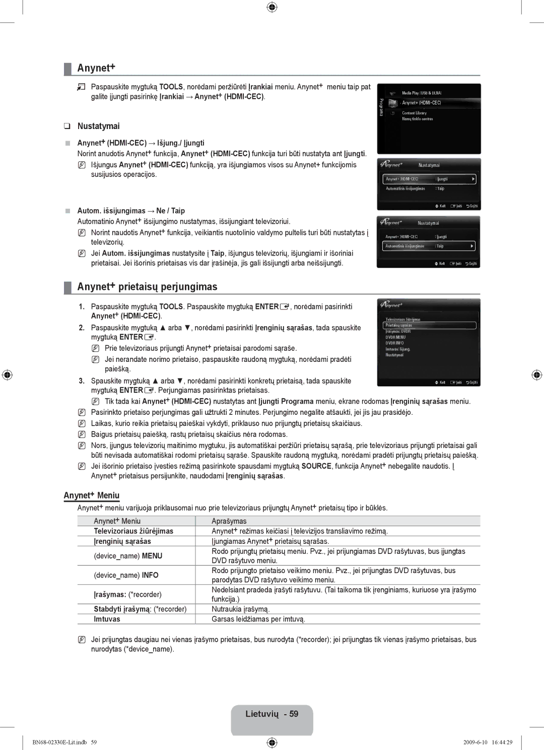 Samsung UE40B8000XWXBT manual Anynet+ prietaisų perjungimas, Nustatymai, Anynet+ Meniu 